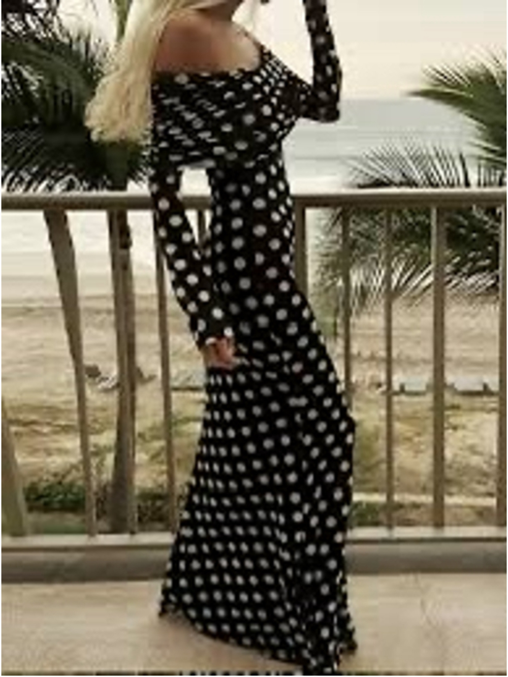 Commense Long Sleeve Off-Shoulder Polka Dot Print Long Dress Size Small BNWT